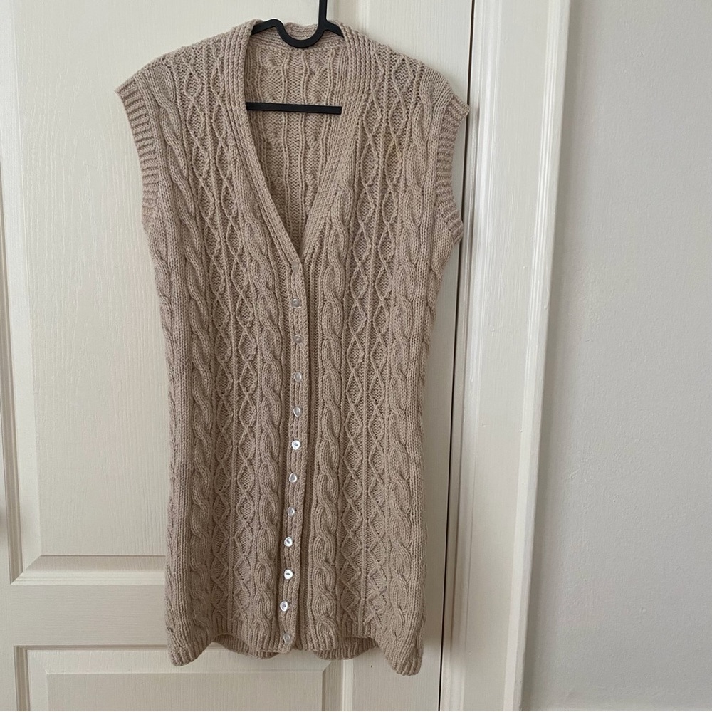 New Hand Knitted Beige Wool Cable Knit V-neck Button Down Long Sweater Vest S
